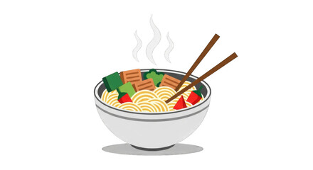 Steaming bowl of delicious ramen noodles with fresh vegetables and meat ready to eat.