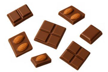 Milk chocolate squares and almond pieces floating, sweet dessert, falling cacao confectionery, transparent background