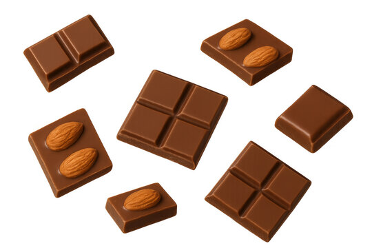 Milk chocolate squares and almond pieces floating, sweet dessert, falling cacao confectionery, transparent background