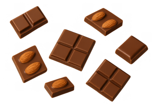 Milk chocolate squares and almond pieces floating, sweet dessert, falling cacao confectionery, transparent background