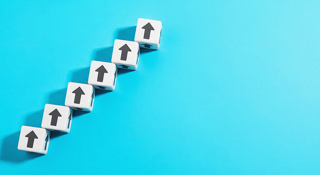 Staircase of White Cubes with Upward Arrows, Symbolizing Step-by-Step Progress, Continuous Growth, Success Ladder, and Development on a Blue Background