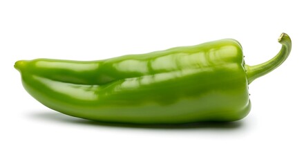 Single bright green pepper with a curved stem isolated on a white background vegetable food