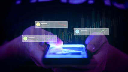 Mobile Trading and Investment Concept: Hand Holding Smartphone with Virtual Stock Market Charts and Financial Data Analysis Overlaid.