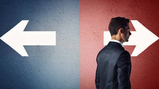Rear view doubtful businessman in a suit standing in front of a wall divided into two colors, blue on the left and red on the right, with arrows pointing different directions to choose