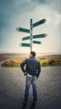 Rear view person stands at crossroad facing a signpost with multiple blank directional signs in a foggy open land. Different way choices, difficult decision, uncertainty concept