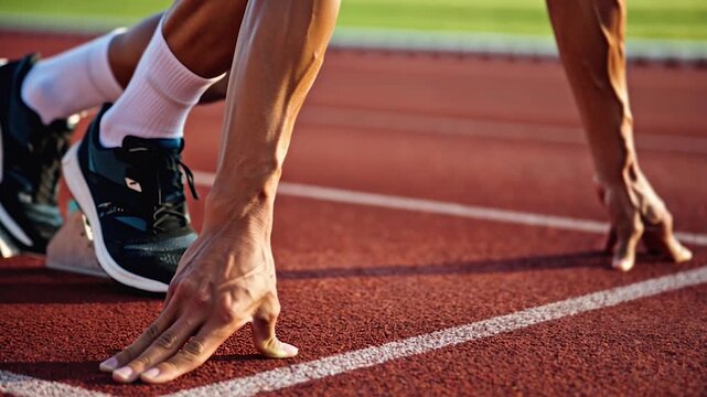 Closeup muscular legs and hands of an athlete in starting position on red running track. Runner on the race arena ready to start the sprint. Focus, readiness and determination before the quest begins
