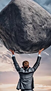 Businessman lifting and holding a big boulder above head. Solving an immense task, symbol of strength and perseverance. Standing up to troubles, burden concept	
