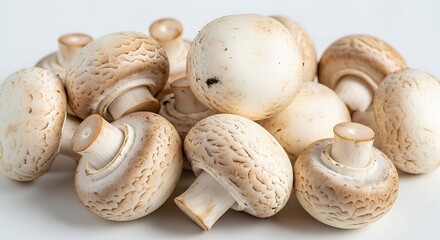A Pile of Fresh White Button Mushrooms with Brown Caps and Stems on a White Background food