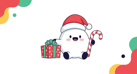 Cute and chubby character wearing a Santa hat holding a candy cane and a gift box in a festive Christmas illustration.