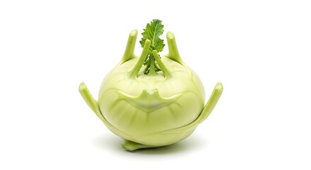 Pale Green Kohlrabi Vegetable with Green Stems and Leaves on White Background image