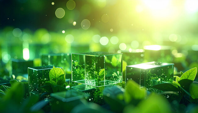 緑の葉と透明キューブが融合する自然とテクノロジーの調和