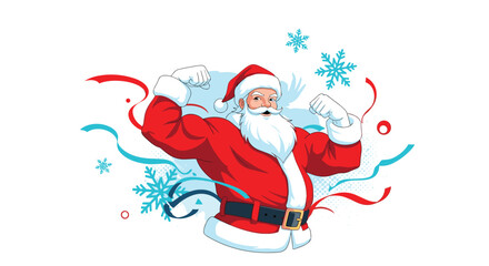 Strong and muscular Santa Claus flexing his biceps in a cheerful and powerful Christmas holiday themed illustration.