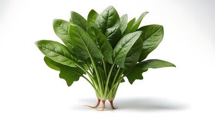 Fresh green spinach leaves with visible water droplets and small roots on a white background healthy