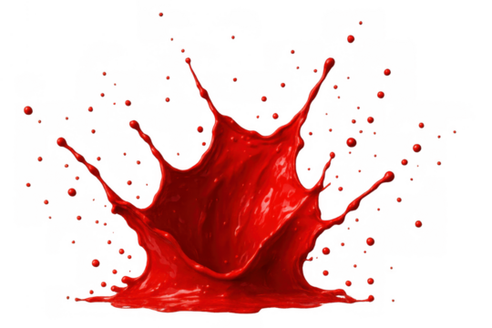 Vibrant red liquid splashing upwards, forming a powerful crown splash with many scattered droplets, all on a transparent background