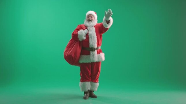Cheerful Santa Claus in a traditional red suit with a sack of gifts, waving happily against a green screen background for holiday compositing