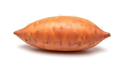 Single orange sweet potato with thin roots and textured skin isolated on a white background with soft shadow