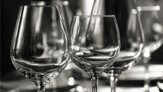 Elegant empty wine glasses in monochrome. Reflective surfaces beautifully catch light, highlighting delicate curves and pristine clarity. A sophisticated display.