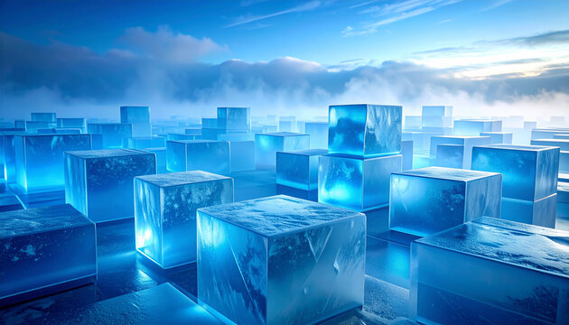 青空と雲海を背景にした氷のキューブの広大な風景
