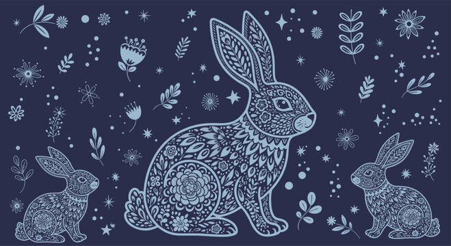 Intricate folk art pattern with three rabbits decorated with floral and ornamental designs on a dark blue background.