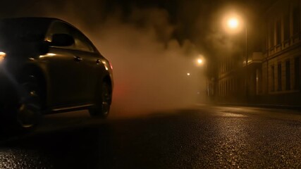 A foggy night scene on an empty street illuminated by streetlights and vehicle headlights creating a mysterious atmosphere - Powered by Adobe
