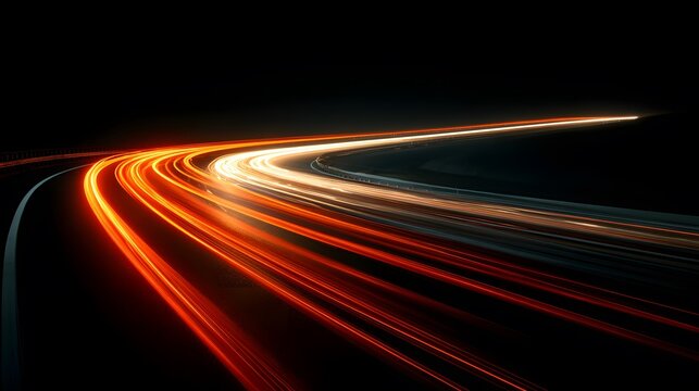 Abstract, photorealistic shot capturing red and orange light trails from a speeding car on a highway at night, conveying dynamic energy and speed.