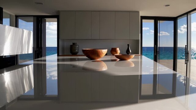 Luxury kitchen with modern design and clean interior opens to ocean view. Sea breeze enters home through glass window. Kitchen faces sea, blending modern design and ocean scenery in elegant space.