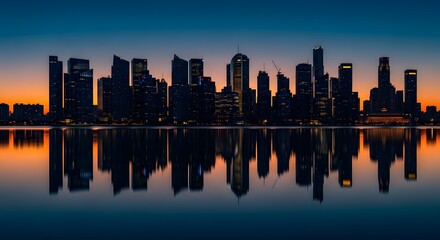 Obraz premium Modern city skyline with vibrant sunset reflections on water