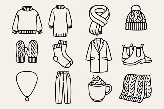 Winter Knitwear Icons. Cozy Winter Knitwear linear icon set: oversized sweater, knit dress, chunky scarf, beanie hat, cable mittens, wool socks, long coat, ankle boots, delicate