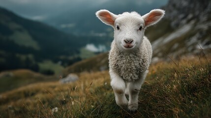 Obraz premium Adorable photograph of a small, fluffy white lamb walking directly towards the camera in a vast, green mountain pasture on a bright, sunny day.