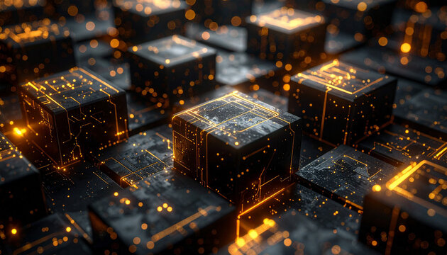 黒と金の回路基板上で輝くデータブロックのボケ光