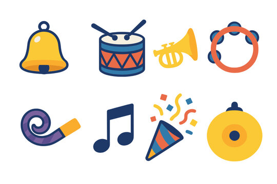 Vibrant Festive Instruments. Festive sound flat icon set : jingle bell, drum, trumpet, tambourine, party horn, music note, confetti popper, cymbal