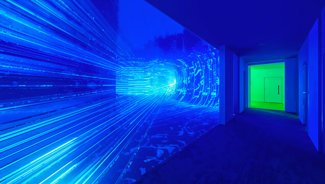 Abstract blue tunnel with neon lights and a green door at the end - Powered by Adobe