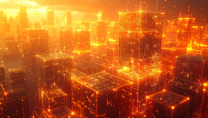 Fototapeta premium 黄金の縦線が降り注ぐ透明データキューブの輝く空間