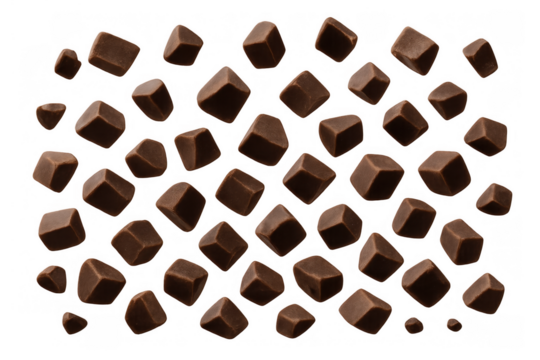 Chocolate cubes falling with transparent background portraying sweet dessert ingredients and confectionery