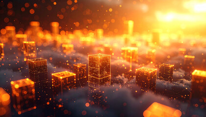 Fototapeta premium オレンジの光に包まれた透明キューブとネットワーク接続