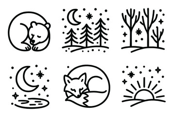 Winter Wildlife Icons. Winter Rest Cycle linear icon set: curled-up bear, moonlit forest, falling snow, quiet trees, stars above, frozen pond, sleeping fox, dawn light