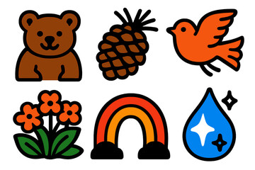 Naklejka premium Brutalist Wilderness Icons. Cheerful Wilderness silhouette icon set : bear cub, pinecone, fluttering bird, flower patch, rainbow arc, sparkling droplet