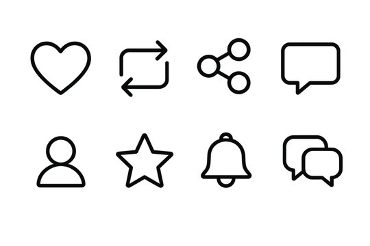 Digital Community Icons. Community activity concept linear icon set: like heart, repost arrow, share icon, comment bubble, follow symbol, star, notification bell, chat