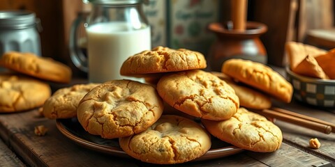 Golden-brown cookies, warm milk, rustic setting, crispy, studio