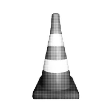 Halftone illustration of a traffic cone with striped design. Minimal monochrome safety symbol for roadwork, caution signage, construction graphics, and warning concepts.