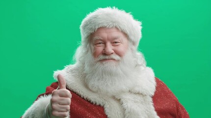 Joyful Santa Claus gives a thumbs up gesture in front of a green screen, conveying approval and holiday cheer