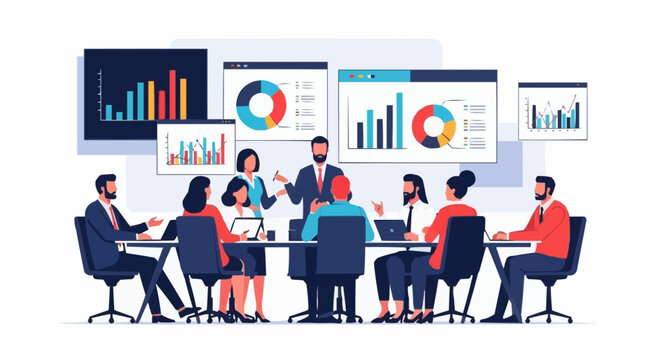 Business meeting with diverse team analyzing charts and graphs on screens.