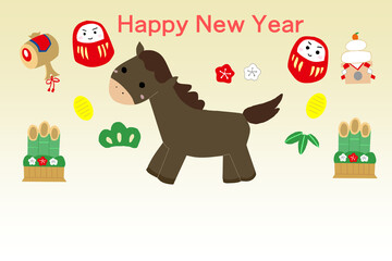 Fototapeta premium 馬と門松のかわいいイラスト年賀状