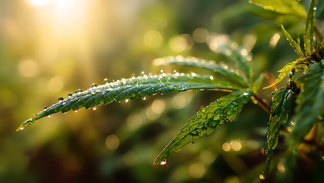 A close-up of a green leaf with water droplets - Powered by Adobe