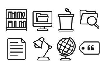 Solid Line Knowledge Icons. Knowledge sources linear icon set: library shelf, digital archive, lecture podium, research folder, document page, study lamp, globe, citation tag