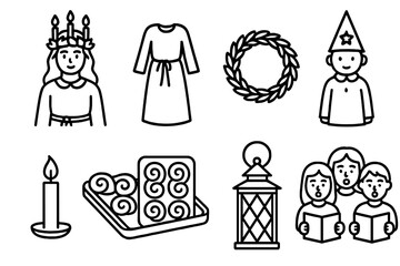 Obraz premium St. Lucia Icons. St. Lucia's Day Festivities linear icon set. candle crown, white robe, wreath, star boy hat, candle, tray of buns, lantern, singing choir