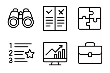 Competitive Analysis Icons. Competitive Research linear icon set: binoculars, comparison chart, puzzle piece, ranking list, analytics screen, briefcase