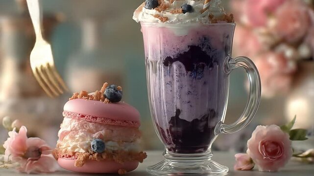 Elegant blueberry parfait with a macaroon dessert displayed in natural light