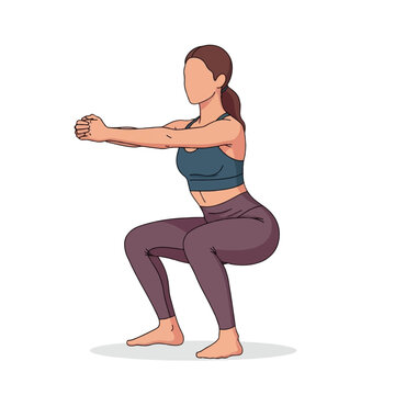 Squat woman performing bodyweight squat in minimal clean flat style, fitness training pose isolated on white background for workout and active lifestyle content