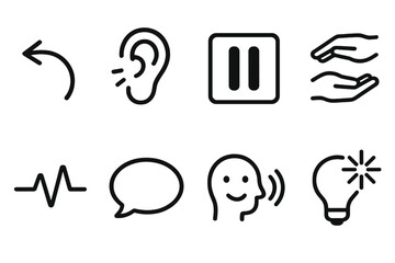 Respectful Interaction Icons. Respectful Interaction Icons linear icon set: soft reply arc, attentive ear, pause-and-reflect tile, supportive gesture, steady rhythm line, open